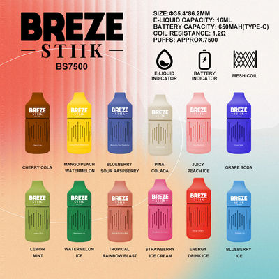 BREZE STIIK BS7500 Einweg-Dampfer Groß Puff 16ml Vorgefüllter Saft 650mAh Batterie