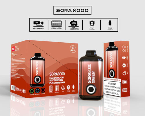 Sora 8000 Puffs Einweg-Vape-Stift mit 1,1 Ohm-Gitterspirale 14 ml vorgefüllter Saft